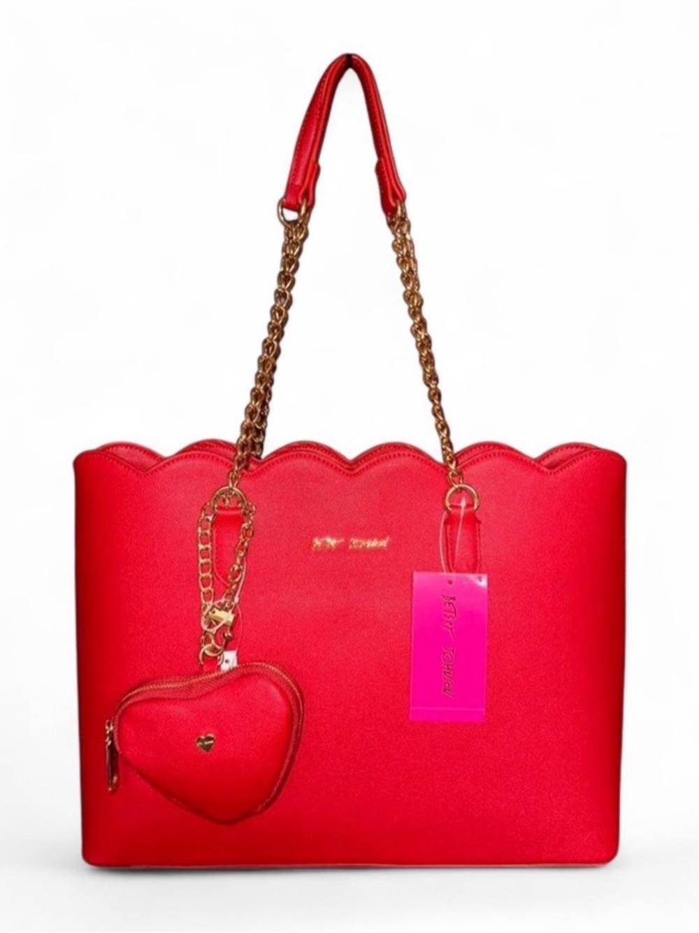 Betsey Johnson Red Scalloped Tote with Heart shaped Zippered Pouch Bag Charm